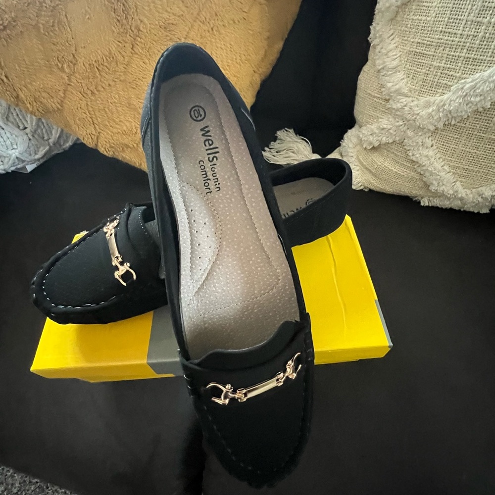 Women’s Black suede loafers with cute Gold Buckle.
